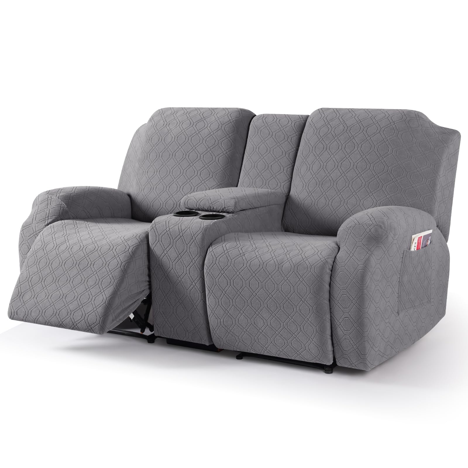 Photo 1 of VANSOFY Recliner Loveseat Cover with Middle Console Stretch Reclining Sofa Slipcover for 2 Seat Jacquard Reclining Couch Sofa Covers Furniture Protector with Elastic Straps Bottom (Light Gray)
