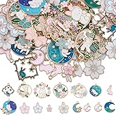 SUNNYCLUE 1 Box 56Pcs 18 Styles Rabbit Charm Flower Charms Bulk Metal Enamel Spring Easter Cute Pink Hollow Rabbits Bunny Moon Charm for Jewelry Making Charms DIY Keychain Bracelet Earrings Necklace