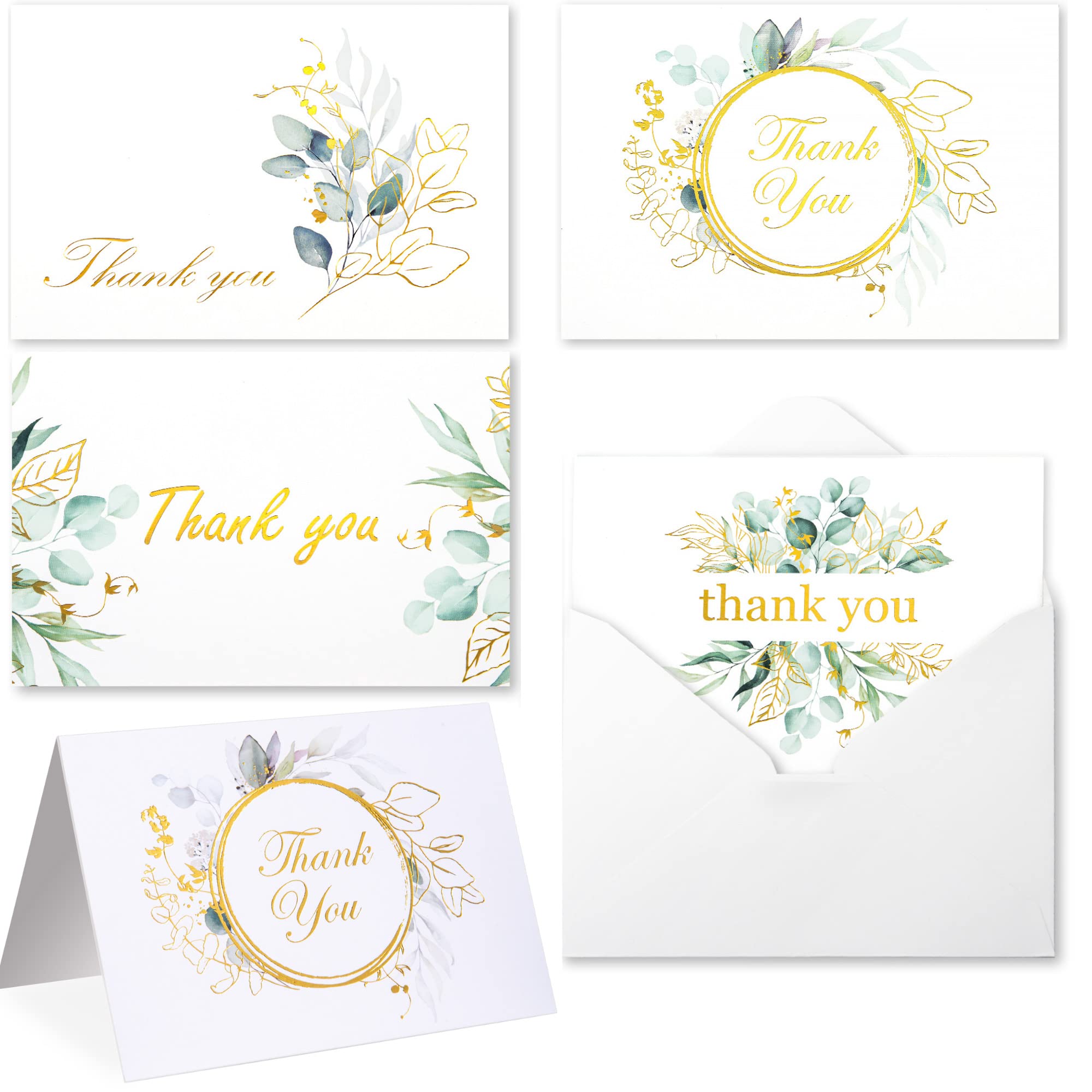 Photo 1 of 100 Bulk Thank You Cards with Envelopes White and Greenery Gold Foil – Floral watercolor Cards Thank You Notes with Envelopes and Eucalyptus leaves for Wedding Bridal Baby Shower Graduation Fune