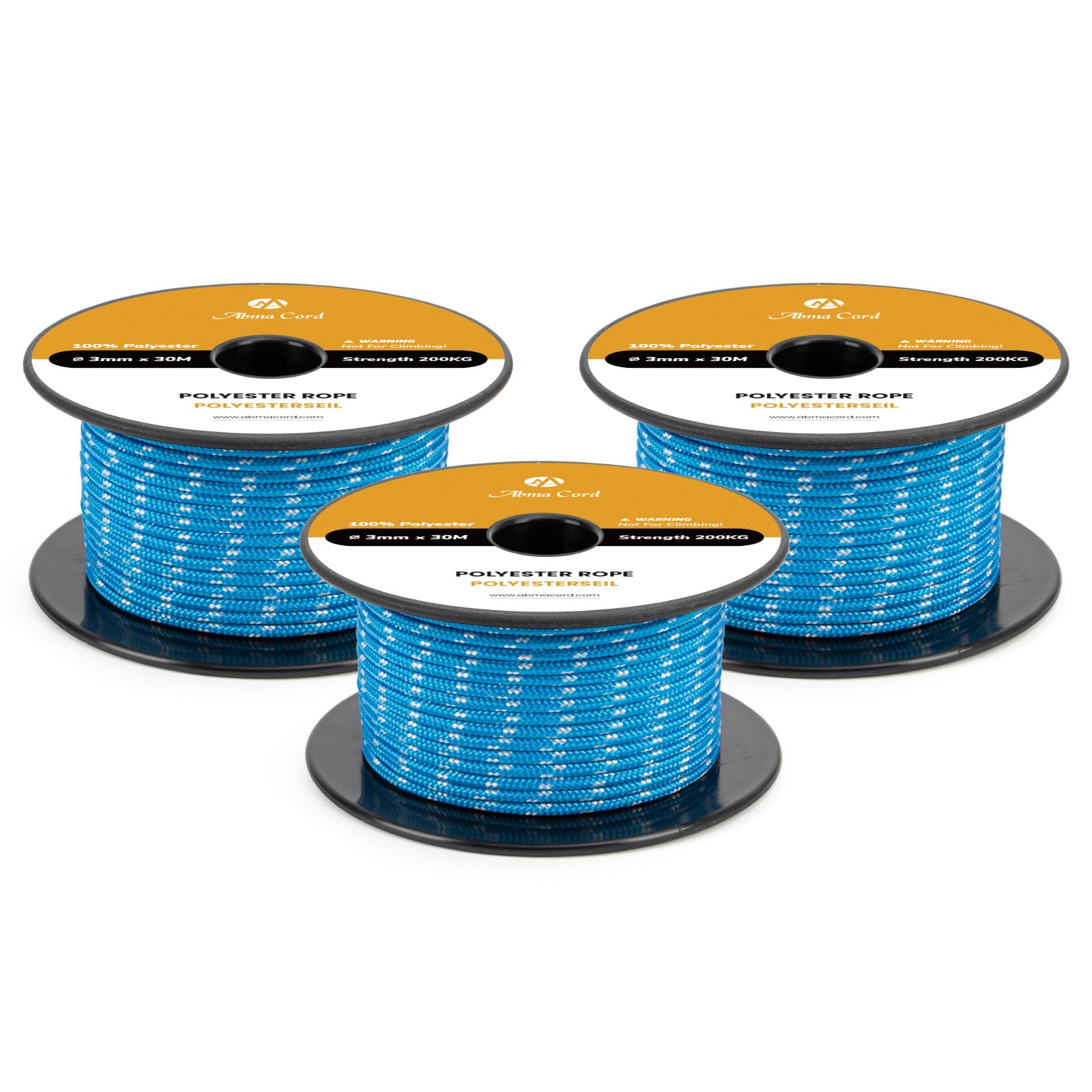 Abma Cord Polyester Cord 3mm x 30m Braid Polyester Rope, Blue/White - Heavy Duty & Low Stretch - High UV & Abrasion Resistance