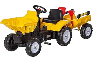 Aosom Ride On Toy Pedal Dump Truck, Front Loader Construction Tractor with Detachable Trailer - Yellow