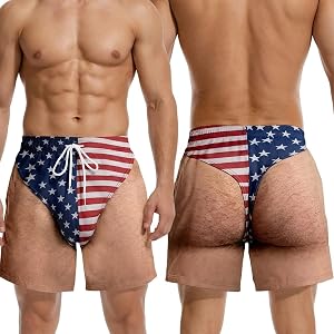 ClearSwirl Funny America Flag Beach Shorts | Men's Hairy Legs 3D Print Patriotic Swim Trunks, Quick Dry Swimwear Pool Party G