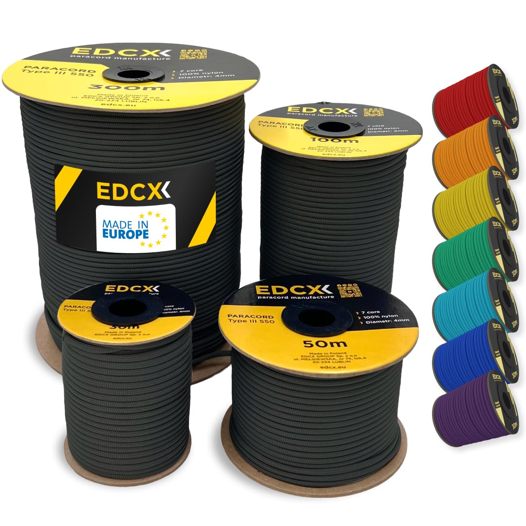 EDCX 4mm Nylon Paracord 550 300m (1000 feet) | Ideal for Camping, Survival, Outdoor, Crafting, DIY | 100% Nylon Rope 4mm | Paracord 550 Type III in Solid Color (Black, 300 m)