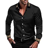 OYOZONE Men's Luxury Satin Dress Shirt Shiny Embroidery Silk Long Sleeve Button Up Shirts Prom Wedding Party Shirt