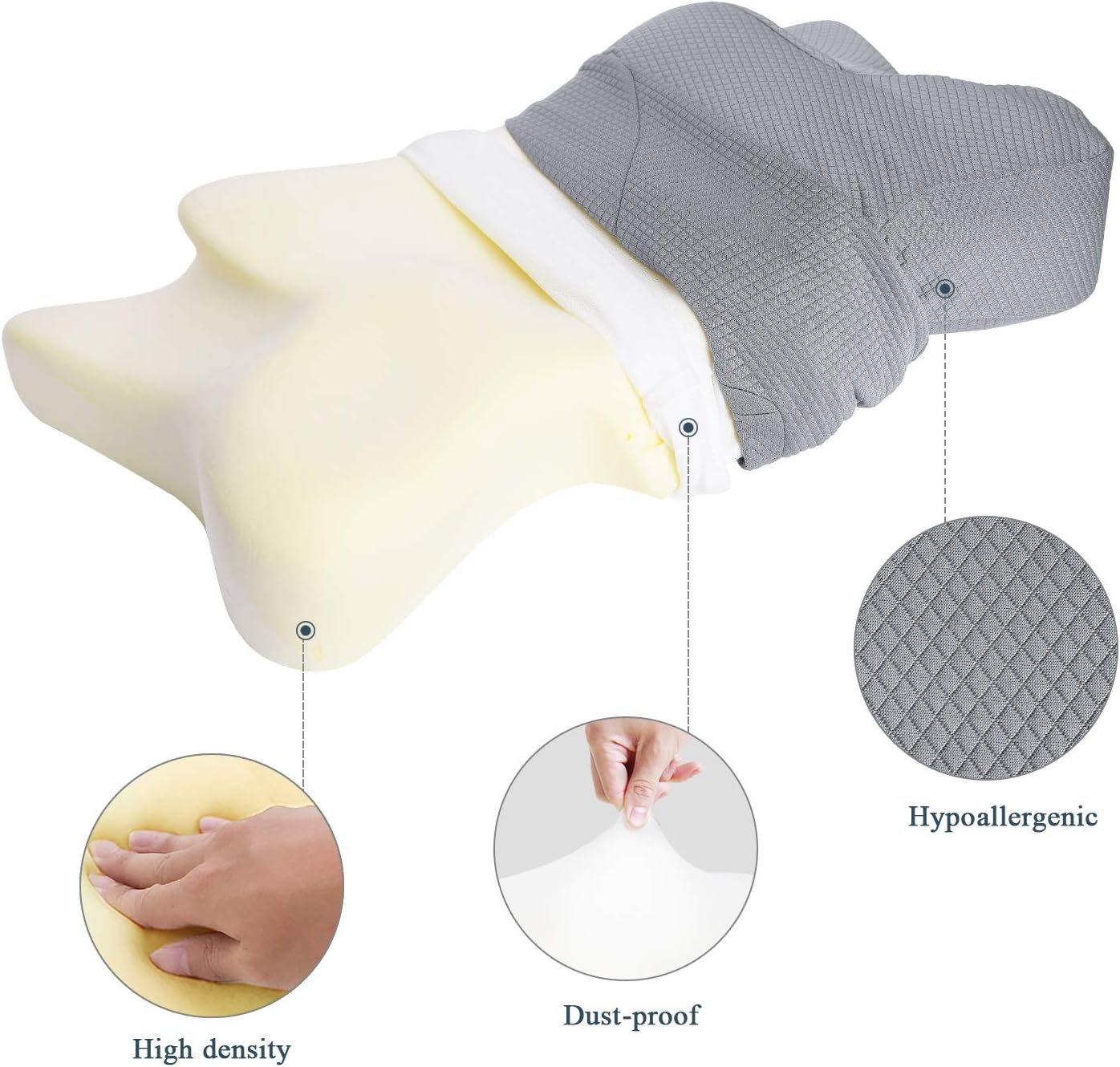 MARNUR Cervical Pillow Memory Foam Orthopedic Pillow for Neck Pain Relief Ergonomic Pillow for Back Sleepers Side Sleepers and Stomach Sleepers (20.3×13×4.5 inch/Grey Pillow case Included): Home & Kitchen