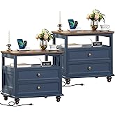 Joaxswe Farmhouse Nightstand Set of 2 with Charging Station, 24" Wide End Table with 2 Drawers,Wood Dresser for Bedroom,Bed S