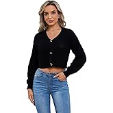 Floerns Women's Solid Long Sleeve Button Down V Neck Cardigan Crop Top Sweater