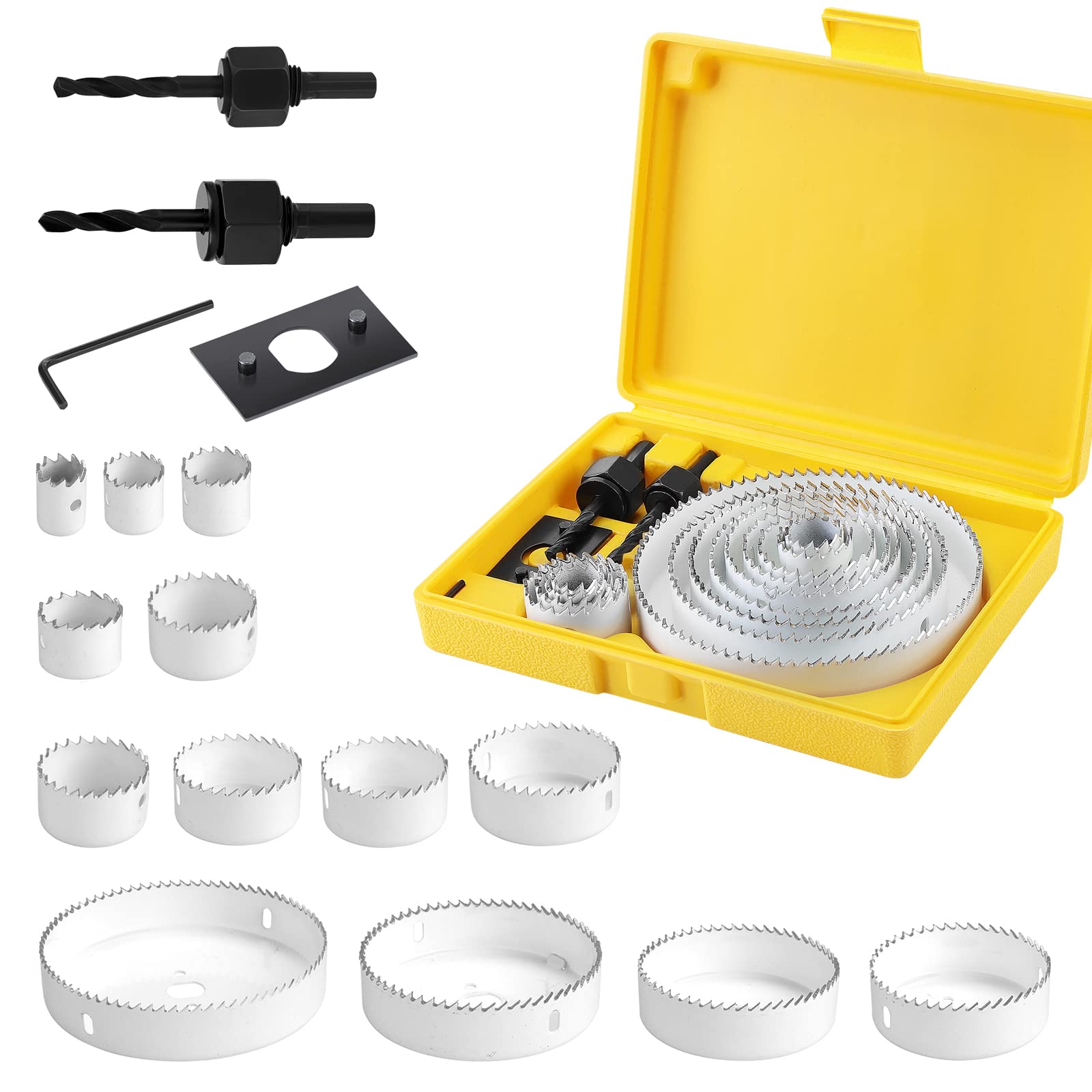 HSEAMALL 17PCS Hole Saw Kit,19-127mm Carbon Steel Hole Saw Cutter Set,Downlights Drill Bit Tools for Wood, Plasterboard, Plastic (White)