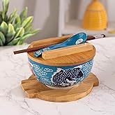 Urban Tokyo Japanese Kamameshi Style Ceramic Glazed Japanese Ramen Udon Pho Noodle Bowl With Spoon, Bamboo Lid, Chopsticks and Trivet 5 Piece Set (Japanese Koi Fish), BCH625
