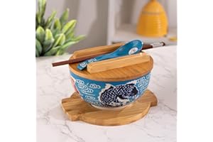Urban Tokyo Japanese Kamameshi Style Ceramic Glazed Japanese Ramen Udon Pho Noodle Bowl With Spoon, Bamboo Lid, Chopsticks an