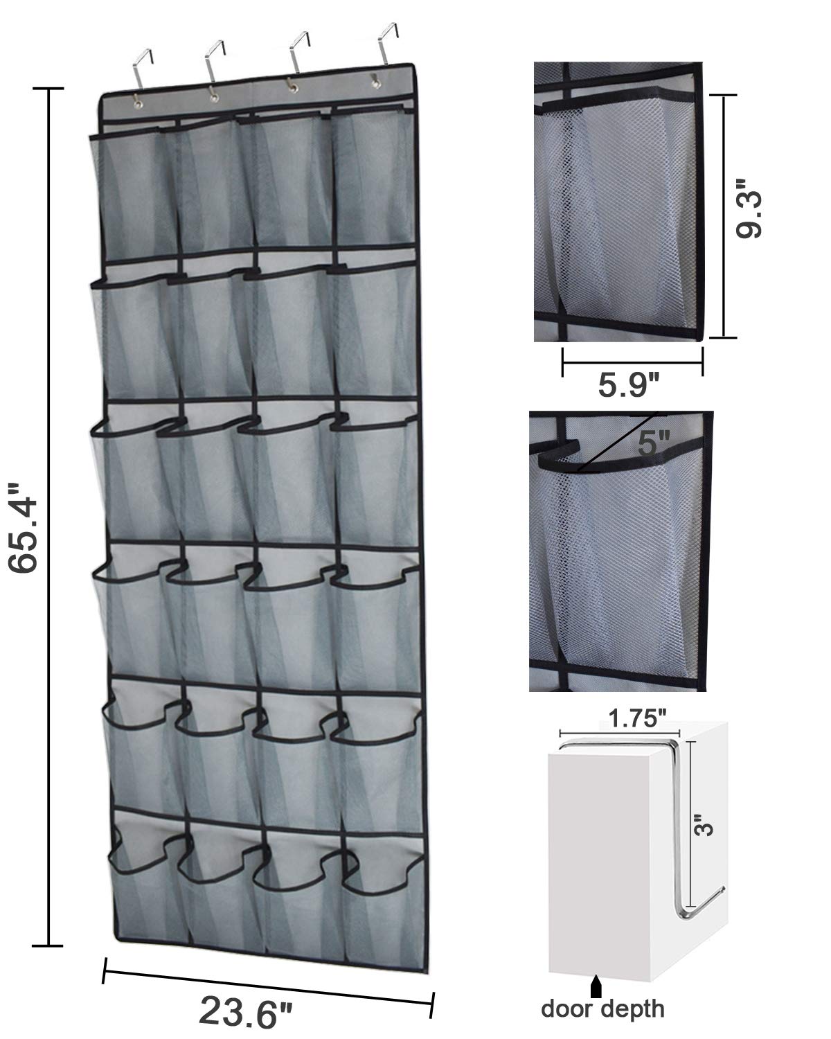 over the door shoe rack on Stylishom Over The Door Shoe Organizer 24 Extra Large Mesh Pockets Closet Hanging Shoe Rack Holder Organizer Shoe Door Hanger 65 4 X 23 6 Double Stitching With 4 Sturdy Metal Hooks Gray Over The Door Shoe Organizers