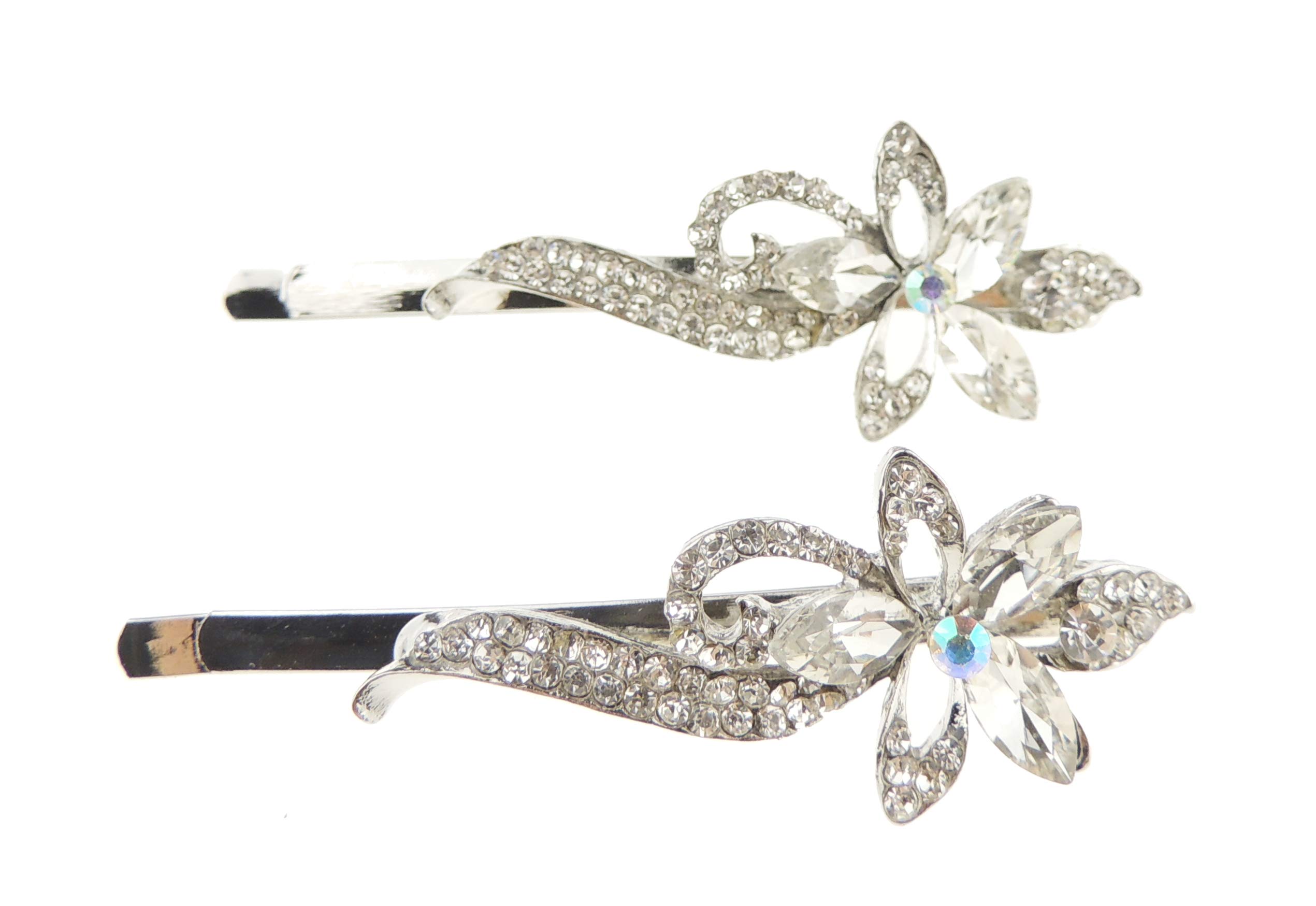 Womens Girls Sparkly Bow Rhinestone Jeweled Crystal Diamante Party Christmas Bridal Wedding Accessories Slides Hairpin Hair Clips Grips Bobby Pins SIlver Tone Set of 2 Dahlia Flower Swirls Waves