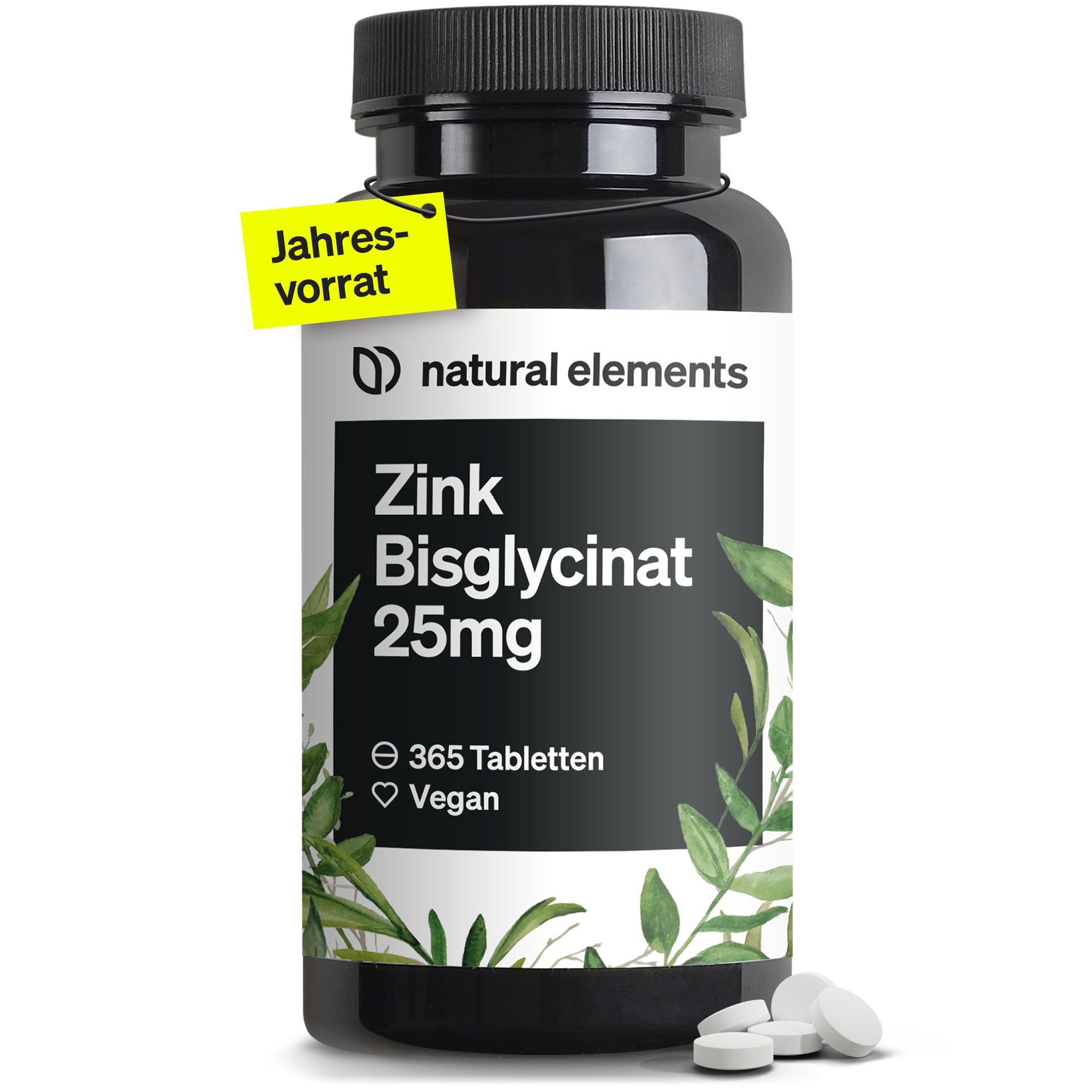 natural elements Zink 25mg – 365 Tabletten – gut verträgliches Zinkbisglycinat (Zink-Chelat) – vegan, hochdosiert, ohne unnötige Zusätze – in Deutschland produziert & laborgeprüft