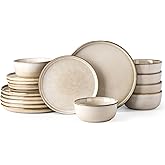 GBHOME Ceramic Dinnerware Sets for 6, 18 Pieces Stoneware Plates and Bowls Sets, Scratch Resistant Dishes, Dishwasher & Microwave Safe, Reactive Glaze-Cappuccino
