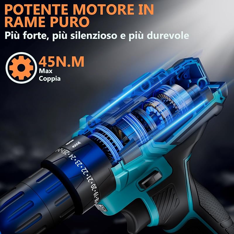 Trapano Avvitatore Batteria 21V, con 2×2000mAh Batterie (Blu)