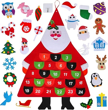 Amazon Winlyn クリスマスアドベントカレンダー 19 壁掛けカウントダウン クリスマス サンタフェルト アドベントカレンダー ポケット付き 24日 24 取り外し可能なクリスマスオーナメント 子供用 ホーム クリスマス カウントダウン カレンダー装飾 クリスマス雑貨