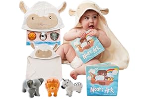 Tickle & Main Noahs Ark Baptism Gifts for Boys, Ark Toy Gift Set for Baby Shower and Birthday, Gift-Ready Fun 5-Piece Set Includes Story Book, Hooded Towel and 3 Squirt Toys for Toddlers & Kids