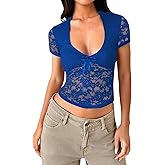 Falechay Women's Lace Long Sleeve Shirt Low Cut Y2K Slim Fit Top Bow Sexy Going Out Club Concert Clothes