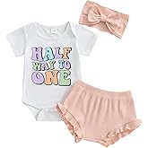 Uobettsly Baby Girl Half Birthday Outfit Half Way To One Short Sleeve Romper Ribbed Ruffle Shorts Headband 1/2 Birthday