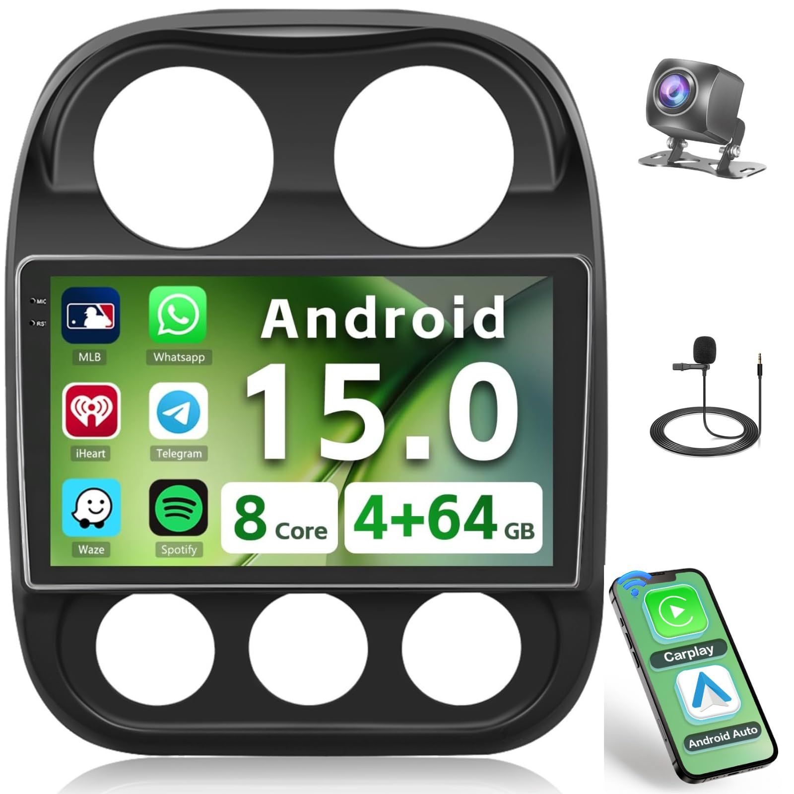 Photo 1 of [8-Core 4+64G] Android 15 Car Stereo for Jeep Compass Patriot 2010-2016, 10.1'' Touch Screen Car Radio Wireless CarPlay Android Auto GPS 5G WiFi DSP/FM/RDS Mirror Link Bluetooth SWC Backup Cam+MIC