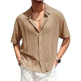 Runcati Mens Button Down Shirt Knit Crochet Hollow Out Short Sleeve Sweater Casual Summer Tops