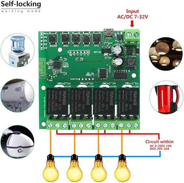 Newgoal Mdulo de rel de interruptor inteligente WiFi de 4 canales la aplicacin TUYASmart Life se utiliza para el control remoto del hogar inteligente el tiempo instantneo es ajustable