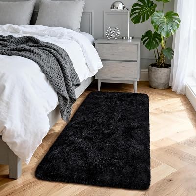 Aspire Homeware 60x110 cm Black Fluffy Rug Shaggy Non Slip Pile Runner