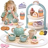 Atoylink Wooden Tea Party Set for Little Girls 28 Pcs Toddler Tea Set with Cupcake Stand & Food Pretend Play Accessories Kids Kitchen Playset Wooden Toys for 2 3 4 5 6 Year Old Girl Birthday Gift