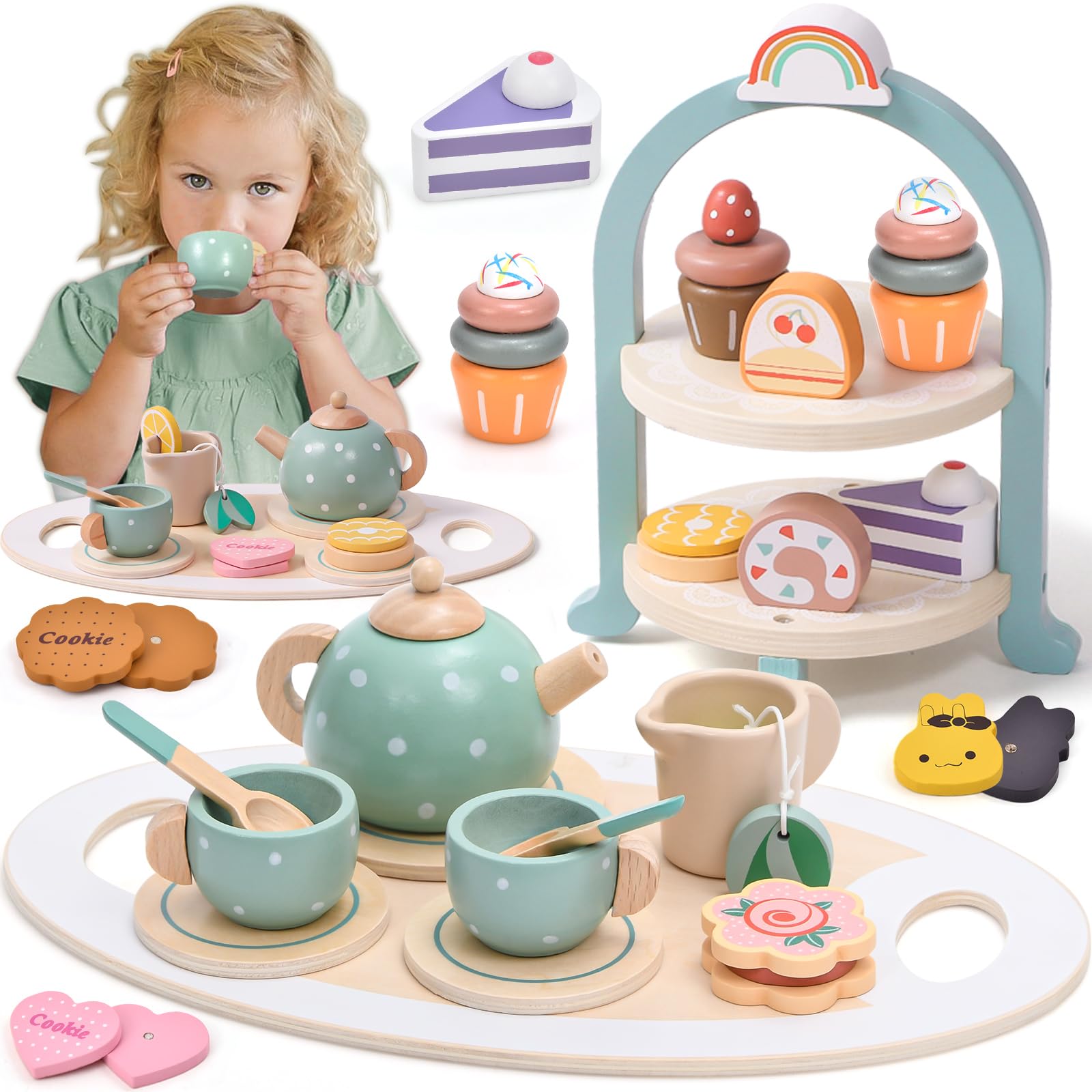 Photo 1 of Atoylink Wooden Tea Party Set for Little Girls 28 Pcs Toddler Tea Set with Cupcake Stand & Food Pretend Play Accessories Kids Kitchen Playset Wooden Toys for 2 3 4 5 6 Year Old Girl Birthday Gift