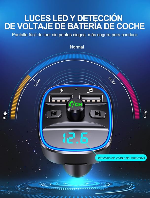 Transmisor FM Bluetooth Coche con Puertos USB Duales (5V/2.4A & 1A) — foto 7 de 7