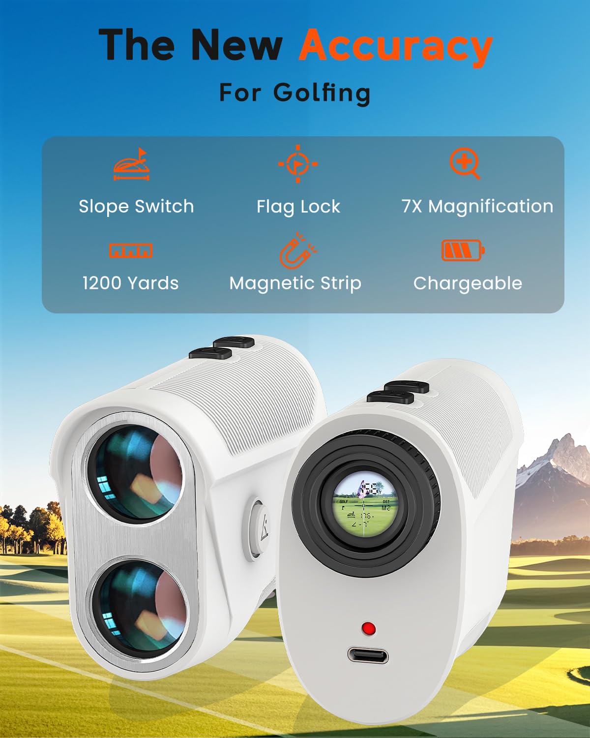 Golf Rangefinder with Slope - 1200 Yard Laser Range Finder for Golfing & Hunting, High-Precision Flag Locking Vibration, 7X Magnification, USB-C Rechargeable, Built-in Magnetic Strip