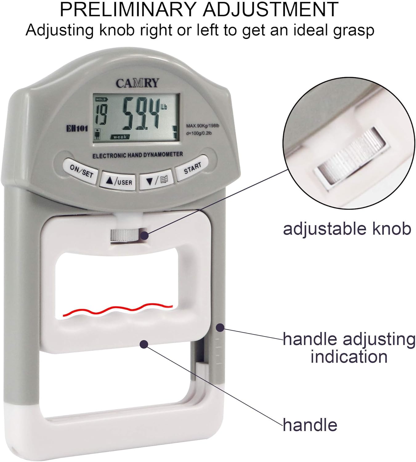 CAMRY Digital Hand Dynamometer Grip Strength Measurement Meter Auto Capturing Electronic Hand Grip Power 198 Lbs / 90 Kgs : Hand Strengtheners : Sports & Outdoors