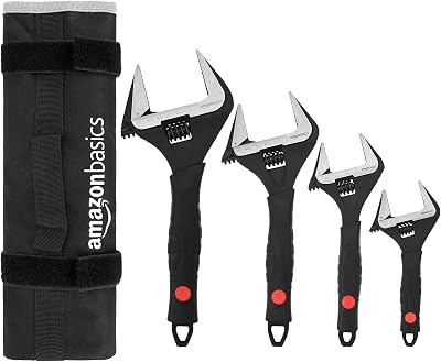 Amazon Basics 4-Piece Adjustable Wrench Set 6 8 10 12 Inch Soft Grip Wide Jaw