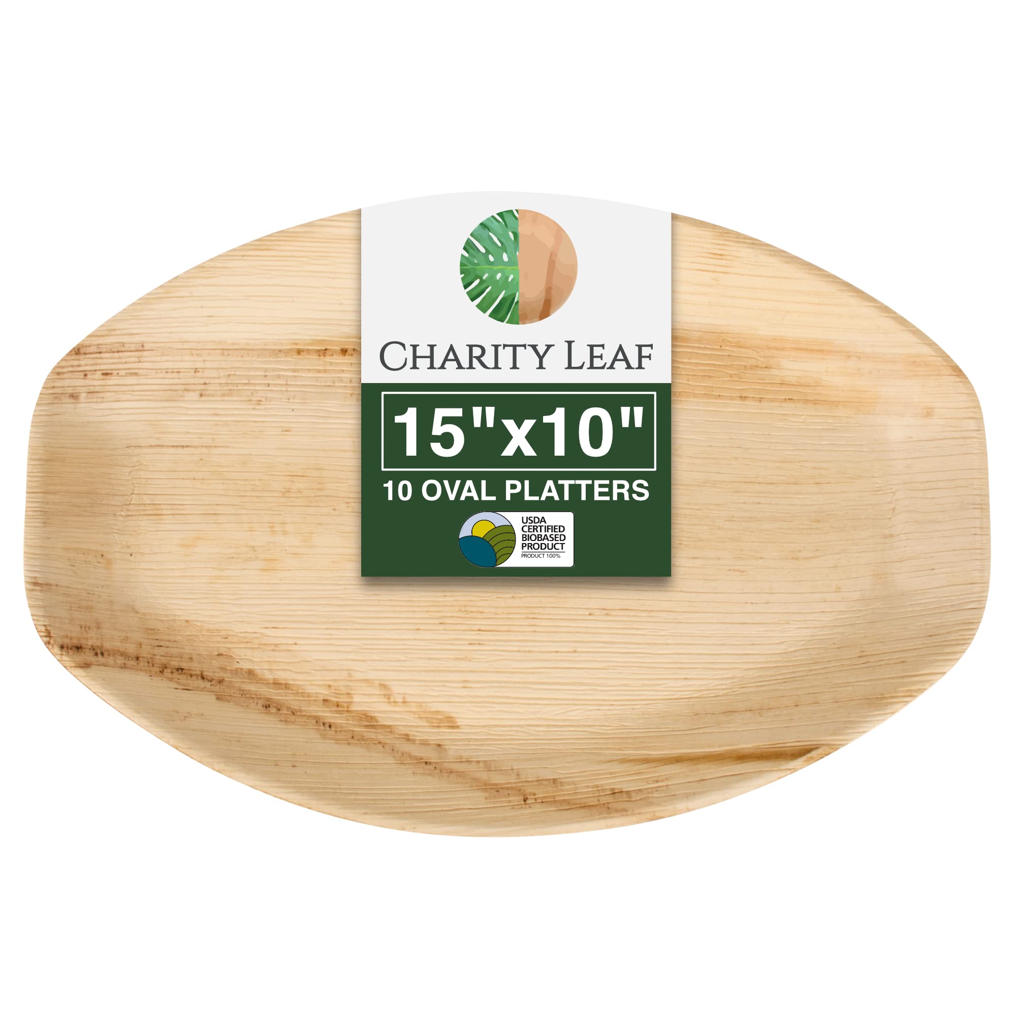 Charity Leaf - Disposable Palm Leaf Tray Like Bamboo Serving Tray and Platter | Weddings, Charcuterie Boards, BBQs, and Parties | Oval (10 trays) (15 x 10)