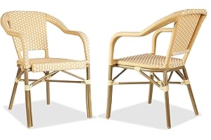 PURPLE LEAF Bistro Chair (Set of 2) French Hand-Woven Wicker Armchairs for Outdoor Patio Porch Garden Indoor, Bamboo Print Finish, Cream Yellow, Dining Chairs