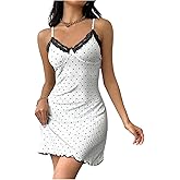 SHENHE Women's Lace Trim Nightgown Heart Print Spaghetti Strap Babydoll Chemise Nighty