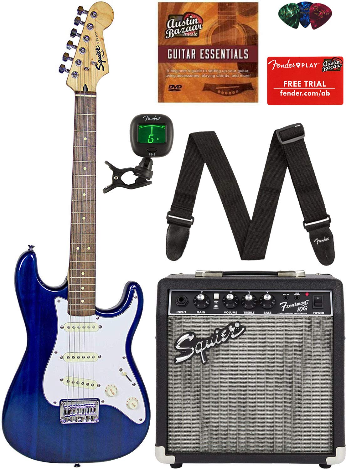 Squier by Fender Short Scale Stratocaster - Transparent Blue Bundle with  Frontman 10G Amp, Cable, Tuner, Strap, Picks, Fender Play Online Lessons,  ...