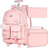 Rolling Backpack for Girls Women, 21 inch Water Resistant Roller Wheels Backpacks, Wheeled Bookbag with Lunch Bag for Teen Elementary School Travel - Pink