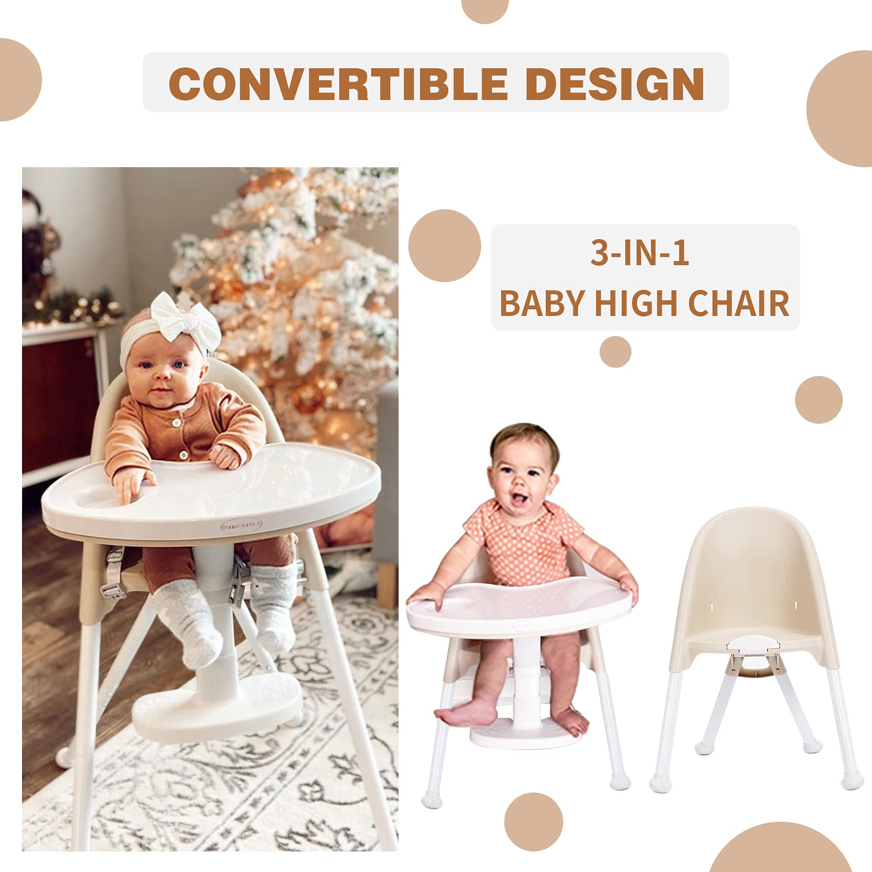 FUNNY SUPPLY 3-in-1 Cute Folding High Chair, High Chairs for Babies and Toddlers, Modern Space Saving Highchair with Removable Double Tray, Easy to Clean, Light Weight Baby Feeding Chair, Cream