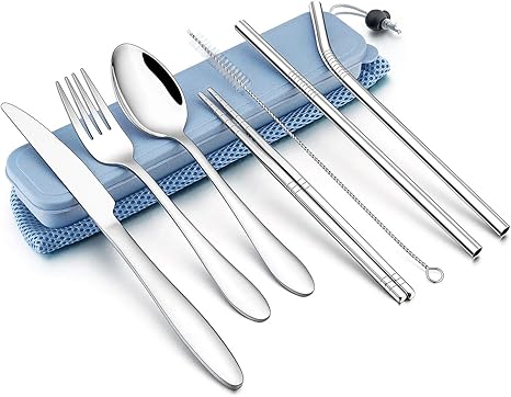 Lianyu 9 Piece Travel Utensils Silverware Set Stainless Steel Knife Fork Spoon Chopsticks Metal Straws Cleaning Brush Blue Case And Bag Amazon Ca Home Kitchen
