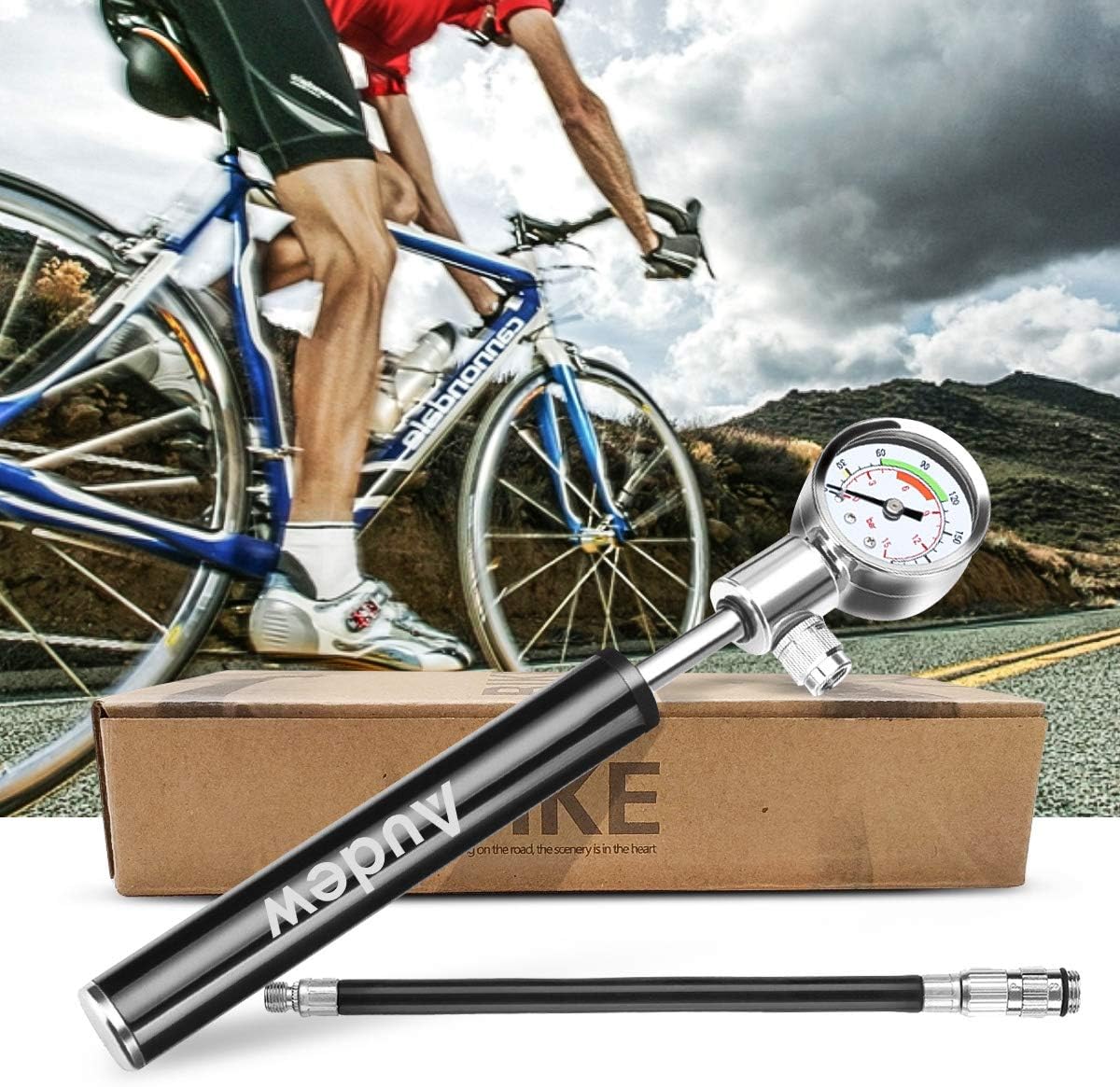 Audew Mini Bike Pump - 7.8Inches Portable and Lightweight Bicycle Air Pump with Gauge - 210Psi Presta and Schrader Valve for Mountain Bike, Ball, Inflatable Toy - Including Puncture Tire Repair Kit : Sports & Outdoors