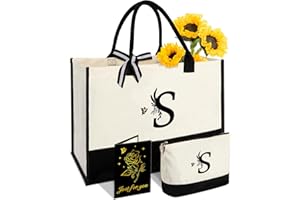 Personalized Gifts for Women - Initial Canvas Tote Bag with Makeup Bag, Custom Bags for Christmas, Beach, Birthday, Holiday, 