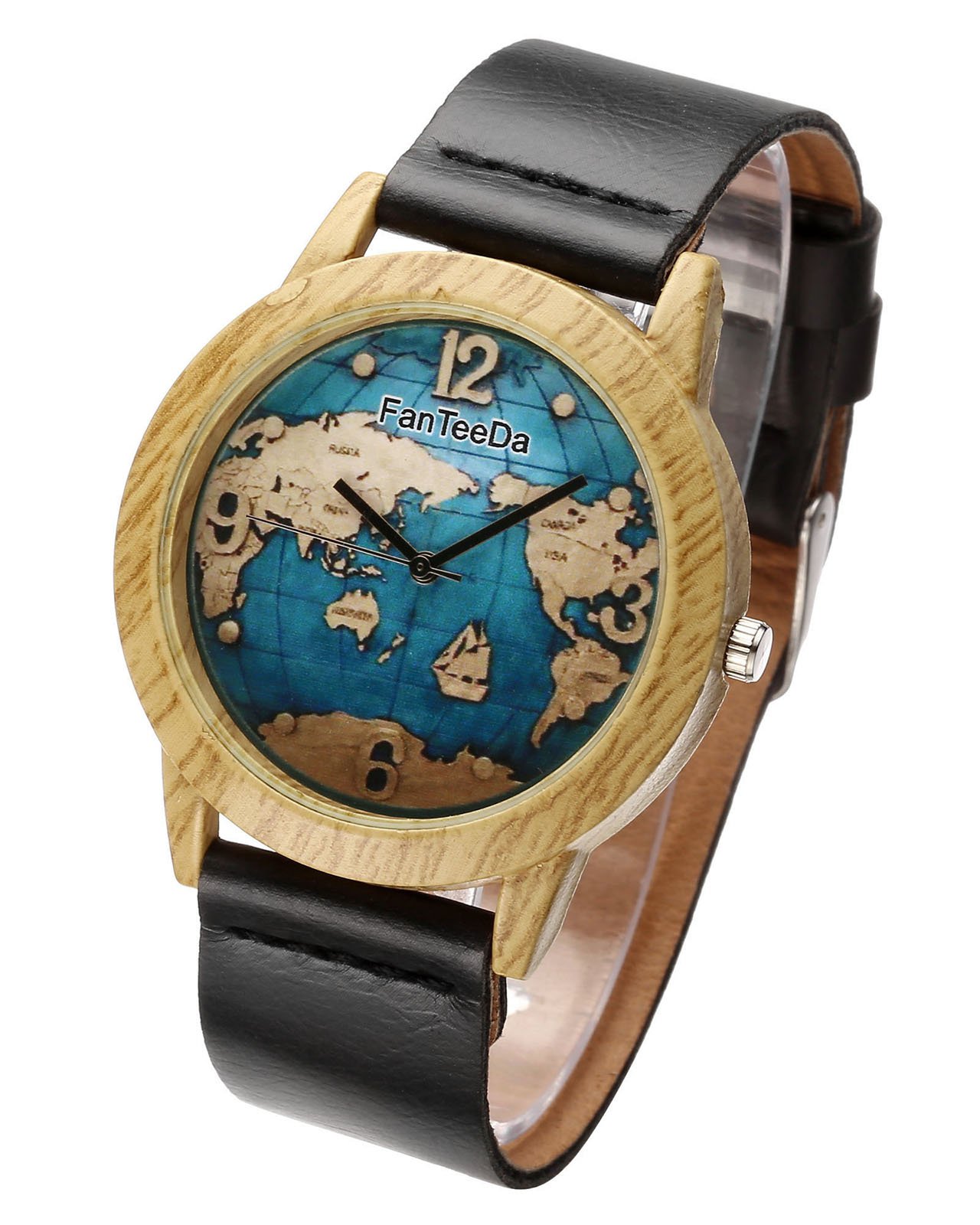 JSDDE Montre Femme Montre en Forme Bois Vintage Bracelet PU Cuir Noir(Carte du Monde)