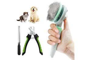GOSECT 3PCS Grooming Kit: Self-Cleaning Slicker Brush, Nail Clipper & File for Dogs & Indoor Cats (Green)