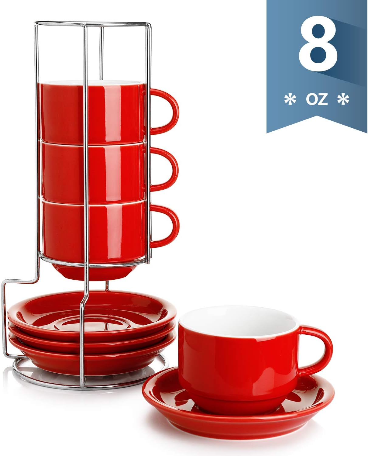 Sweese 406.104 Porcelain Stackable Cappuccino Cups with Saucers and Metal Stand - 8 Ounce for Specialty Coffee Drinks, Cappuccino, Latte, Americano and Tea - Set of 4, Red