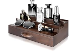 EOSAHR Farmhouse Wooden Cologne Organizer for Men - 3 Tier Perfume Stand Organizer for Dresser with Storage Drawer and Hidden