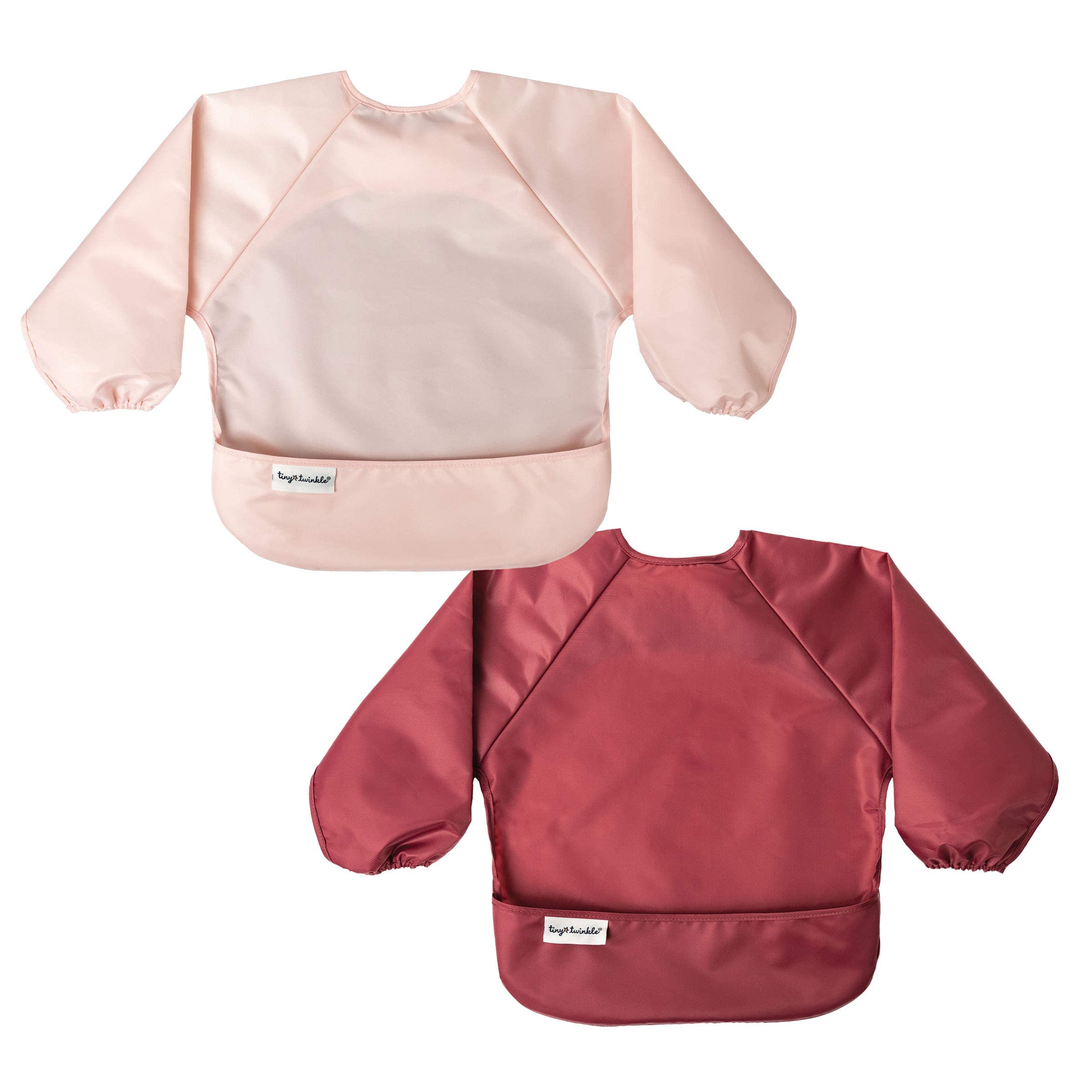 Tiny Twinkle Mess Proof Baby Bibs, 2-Pack – Waterproof Baby-Led Weaning Apron | 100% Recycled Polyester, Easy to Clean & Machine Washable Long Sleeve Bibs (Rose Burgundy, Small 6–24 Months)