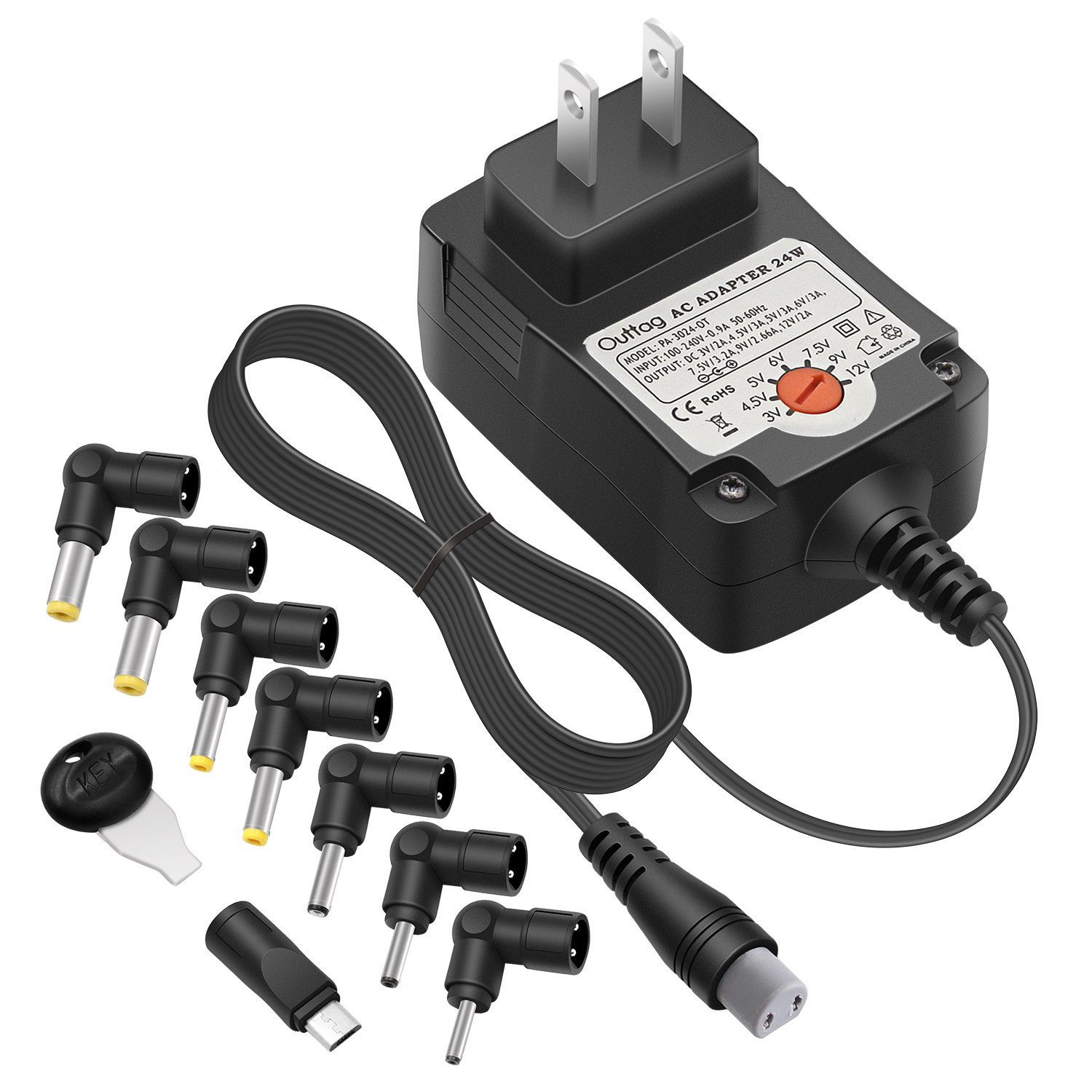 Outtag 24W 3v/ 4.5v/ 5v/ 6v/ 7.5v/ 9v/ 12v Regulated Multi Voltage Switching Replacement Power AC Adapter for Household Electronics Routers Speakers CCTV Cameras Smart Phone USB Charging Device
