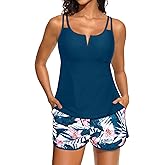 Aqua Eve Tankini with Shorts - 2 Piece Tummy Control Swimsuit V-Wire Tank Top with Boyhorts Bathing Suit with Side Pockets