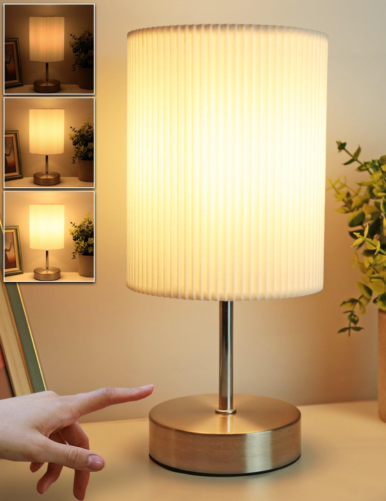 HSLighting Bedside Lamps, Touch Control Table Lamp 3-Way Dimmable Small Lamp with 3D Pleats Fabric Shade LED Minimalist Nightstand Warm White for Christmas Xmas Bedroom Living Room Gift Decor — image 1